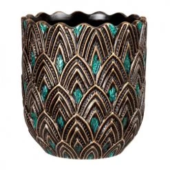 Maisons Du Monde Jarres Et Cache-pots Cache-pot En Grès Noir Motifs En Relief Dorés Et Bleu Canard H16