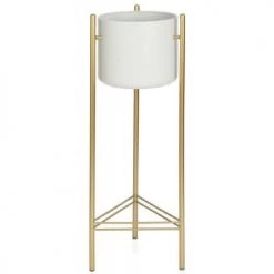 Wadiga Jarres Et Cache-pots Cache-pot Sur Pied En Métal Doré Et Pot Blanc H80cm