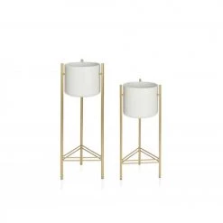 Wadiga Jarres Et Cache-pots Cache-pot Sur Pied En Métal Doré Et Pot Blanc H80cm -Plantes vertes Soldes cache pot sur pied en metal dore et pot blanc h80cm 3