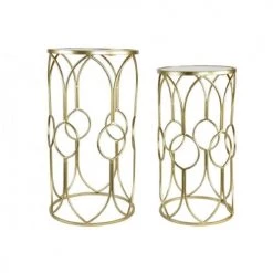 Wadiga Jarres Et Cache-pots Set De 2 Sellettes En Métal Doré Et Plateaux Miroirs